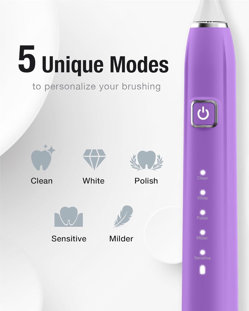7AM2M Ultrasonic Electric Toothbrush with 6 Brush Heads for Adults&Kids, One Charge for 120 Days, USB-C Charge, 5 Modes, 40000VPM Powered Toothbrush, 2 Minutes Built in Smart Timer (Purple) - Image 4